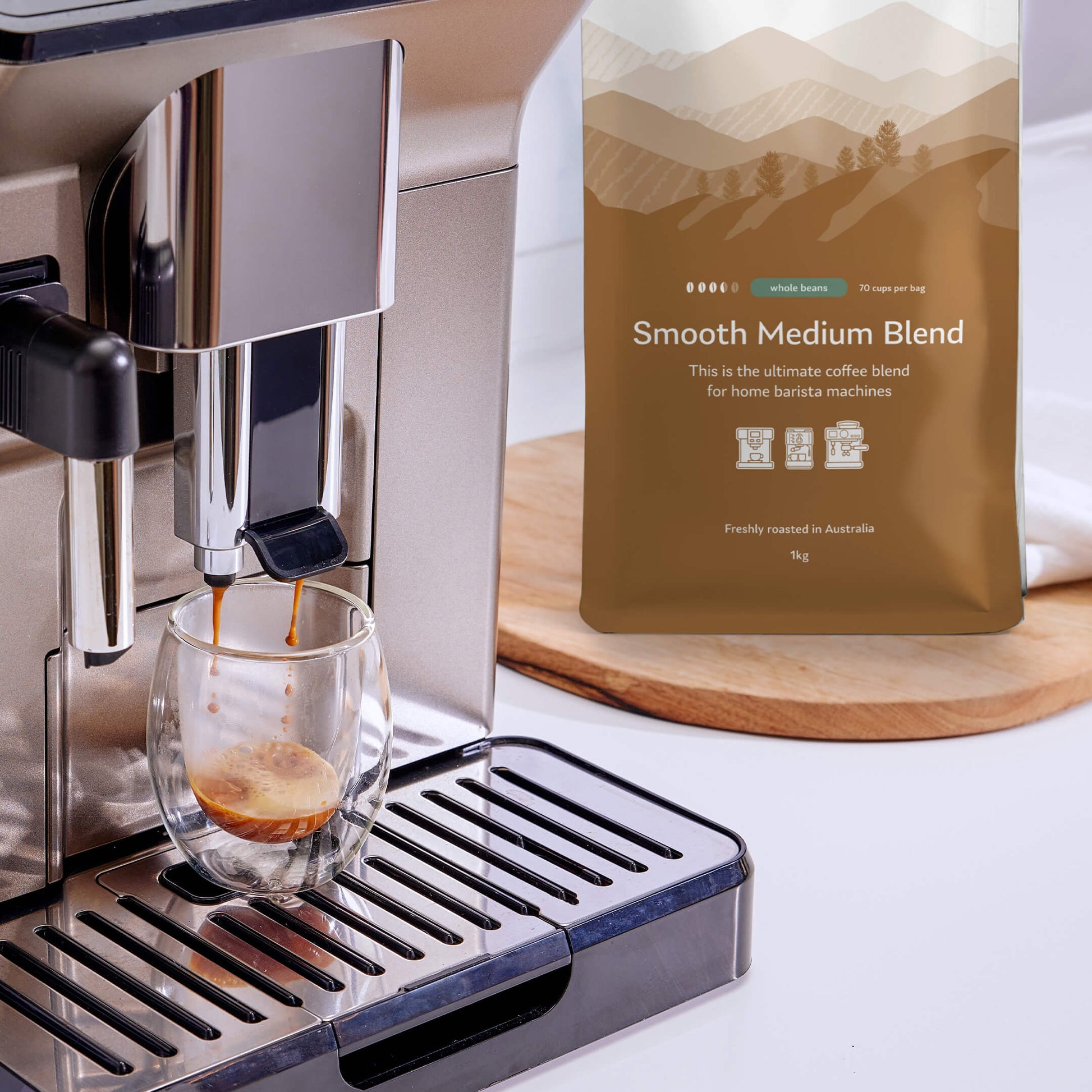 Smooth Medium Blend Coffee Bag on Bench with Espresso Shot Pouring