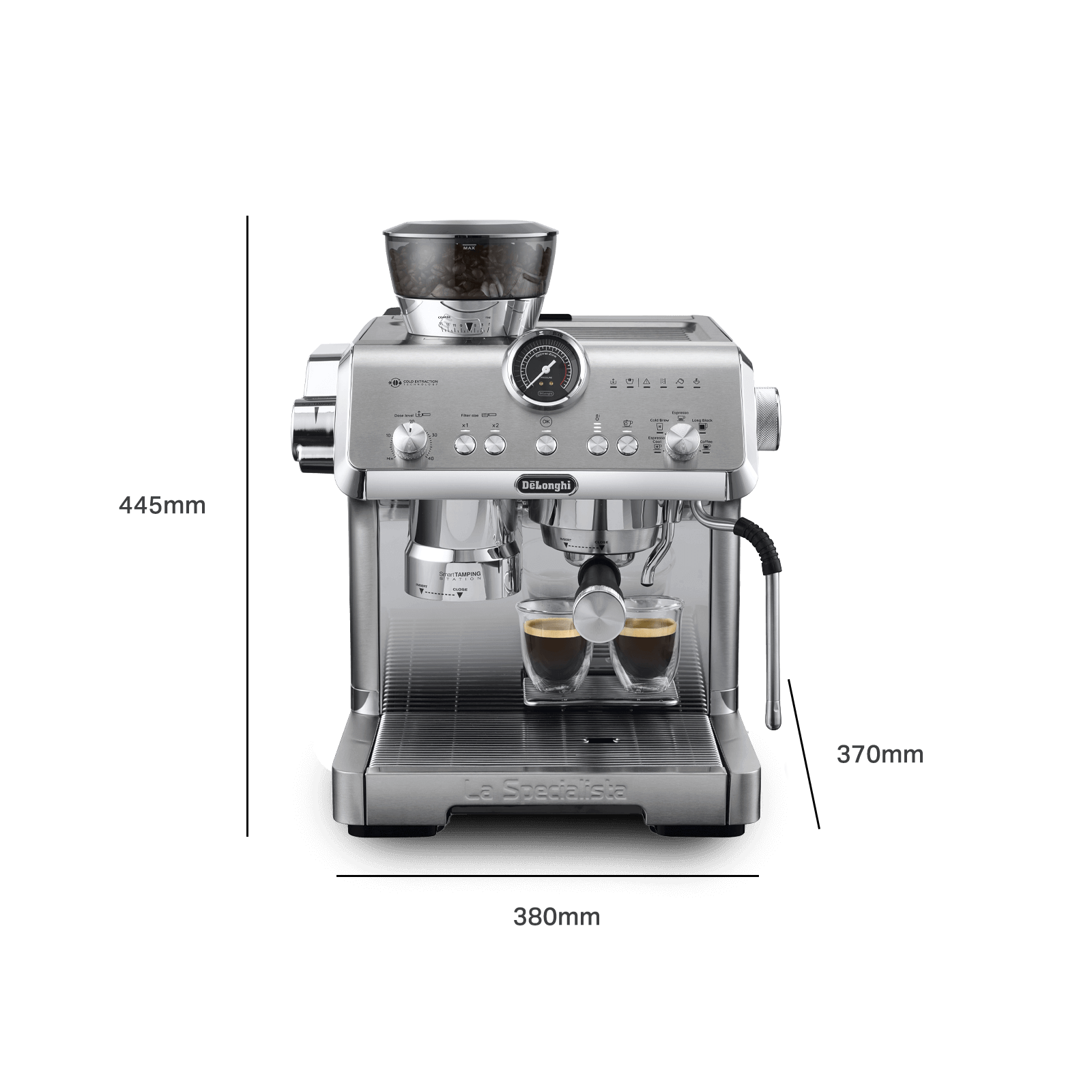 Silver espresso machine on a black background