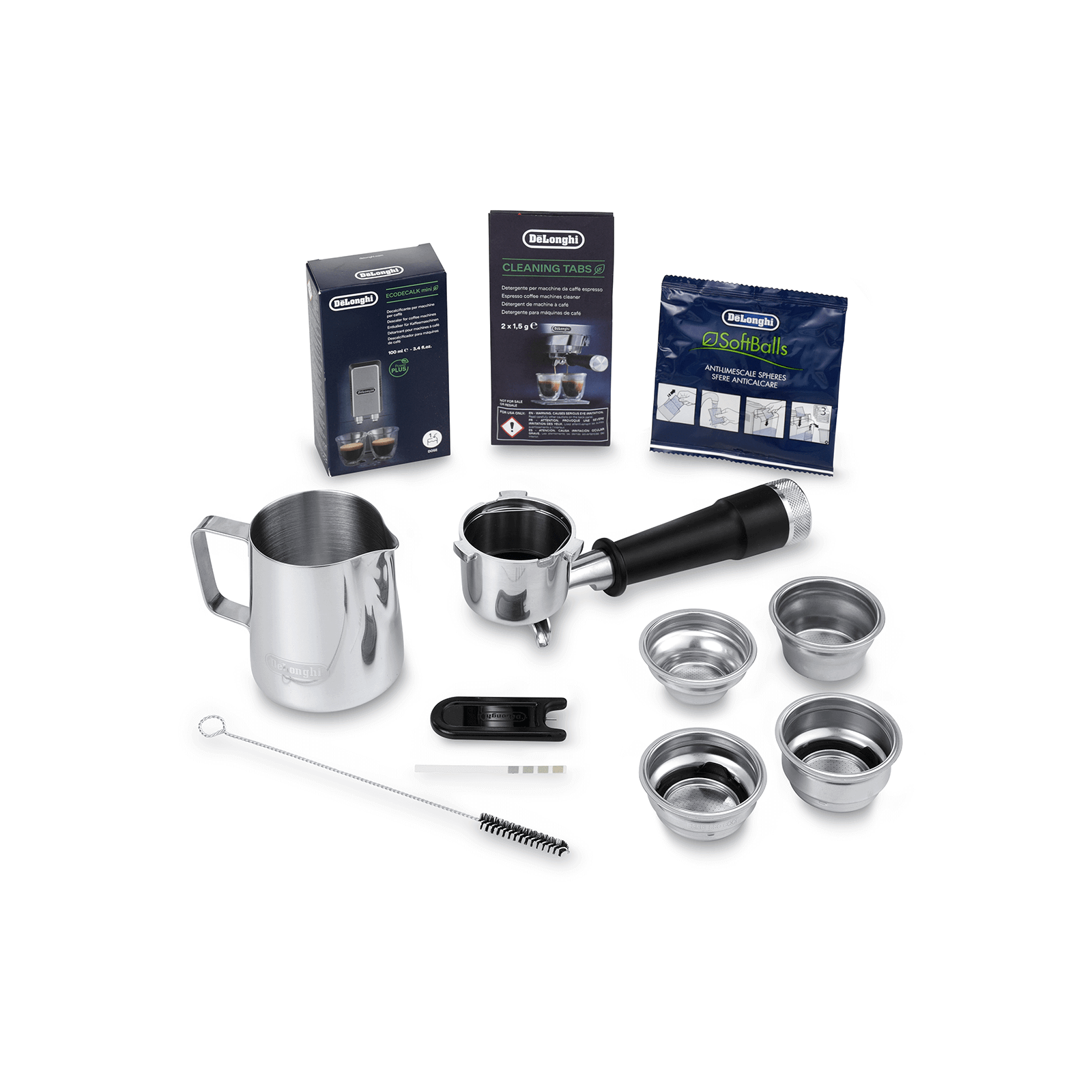 Collection of De'Longhi coffee brewing accessories on a white background