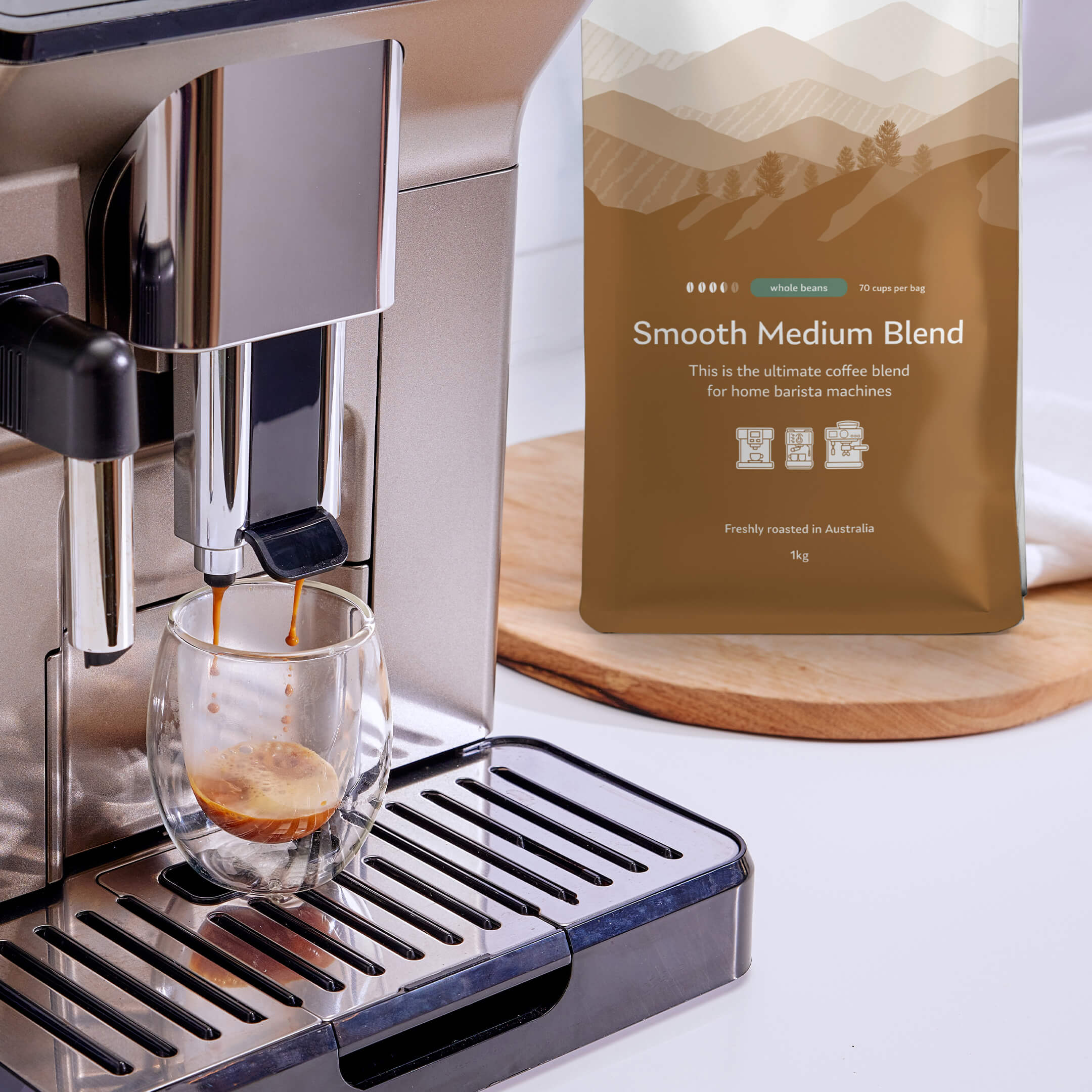 Smooth Medium Blend Coffee Bag on Bench with Espresso Shot Pouring
